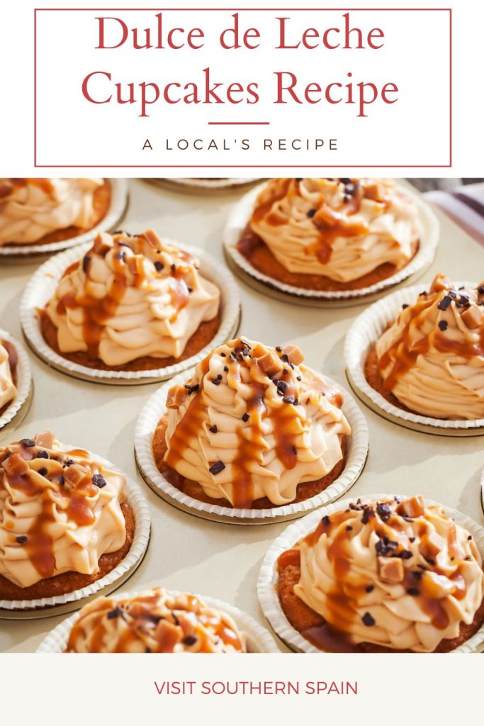 dulce de leche cupcakes and on top it's written dulce de leche cupcakes recipe. 