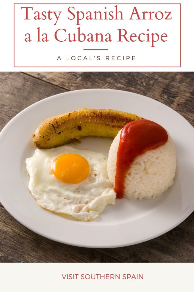 cuban rice with eggs, banana and tomato sauce. On top it's written tasty spanish arroz a la cubana recipe.