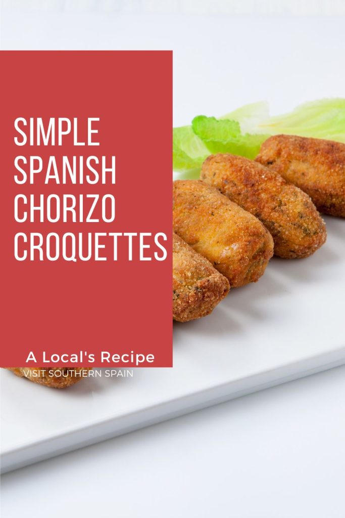 croquettes on a white plate with salad. On the left it's written Simple spanish chorizo croquettes.