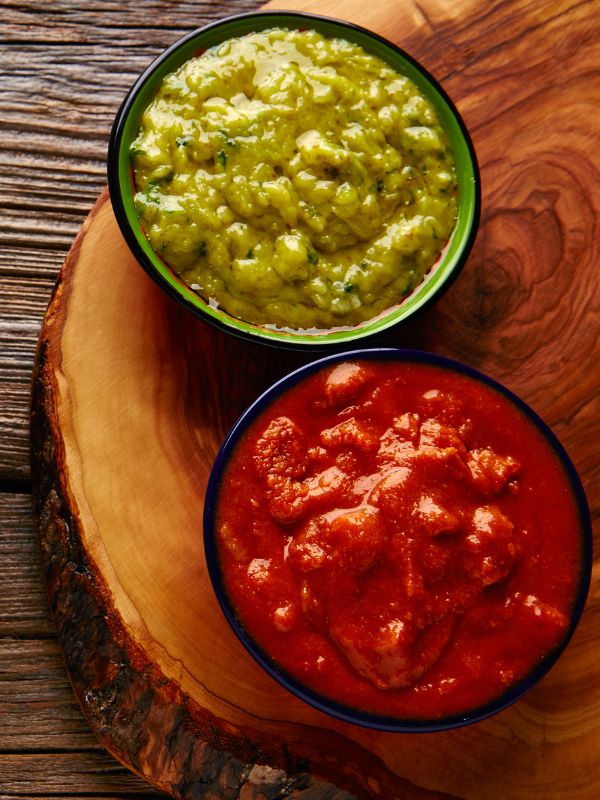 red mojo and green spanish mojo sauce on a wooden board.
