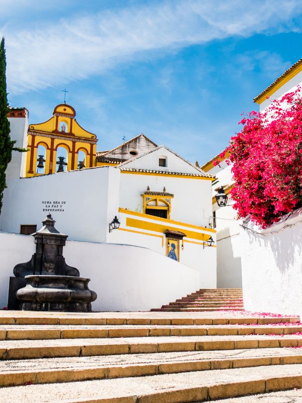 street in Cordoba with white buildings and pink flowers. One Day in Cordoba: A Local’s Itinerary for 10 Amazing Things to Do
