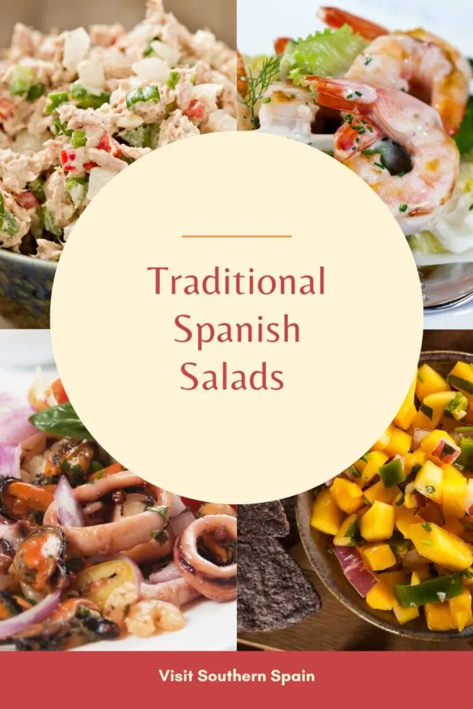 a pin with 4 different traditional Spanish salads.