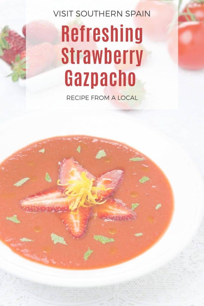 a pin with strawberry gazpacho recipe.