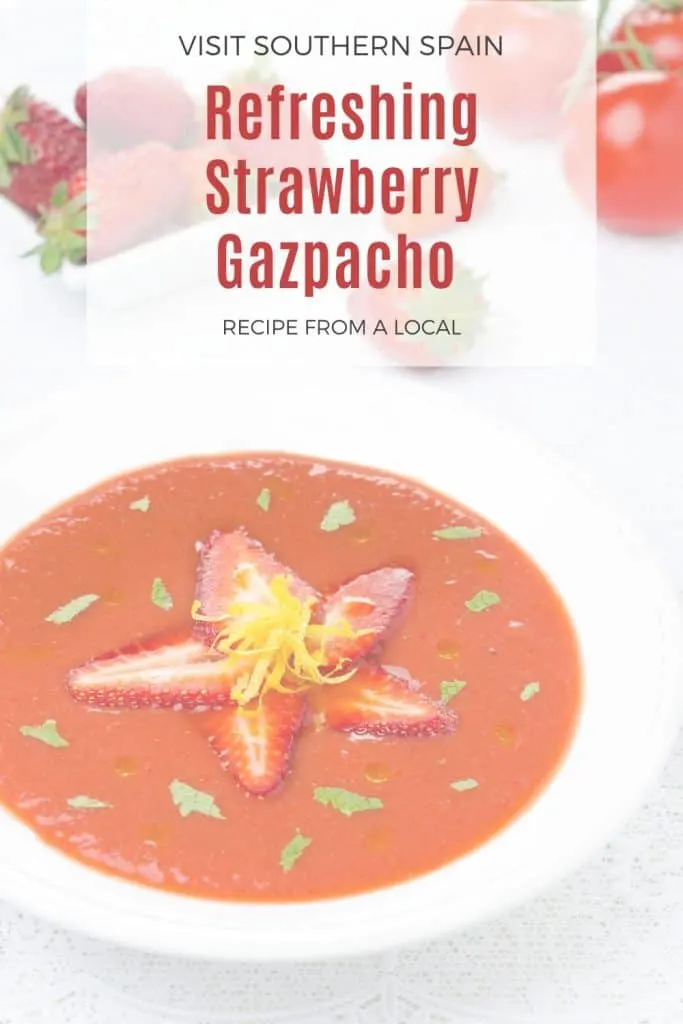 a pin with strawberry gazpacho recipe.