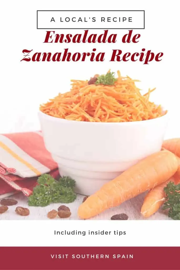 a pin with a bowl of ensalada de zanahoria, spanish carrot salad.