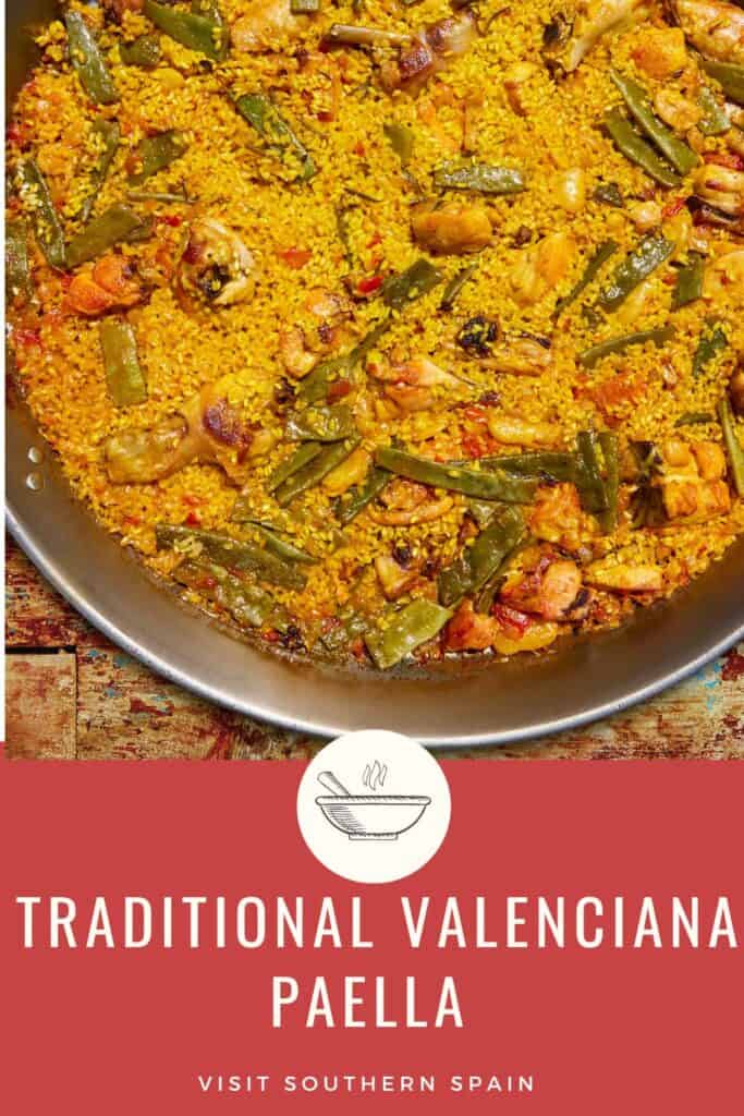 a pin with valenciana paella recipe in a pan with flat green beans, rabbit and chicken.