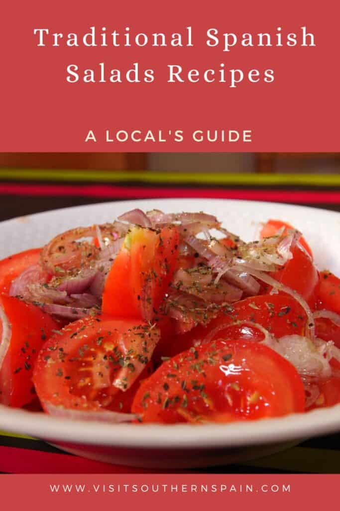 a pin with Spanish tomato salad with onion. Traditional Spanish salads. 