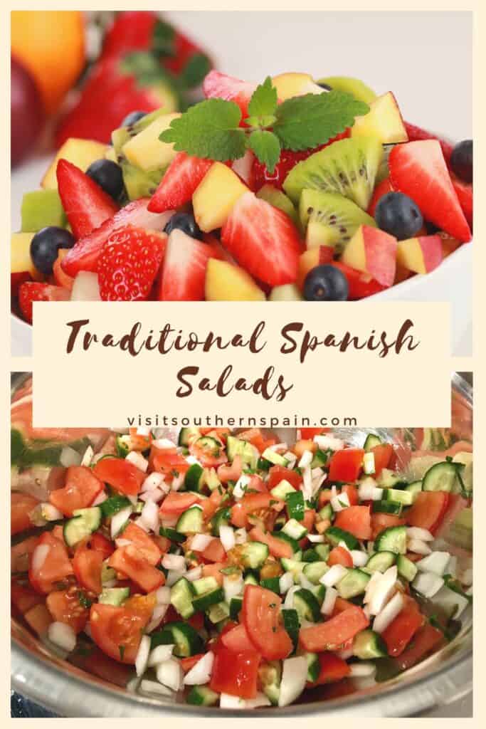 a pin with 2 different traditional Spanish salads.