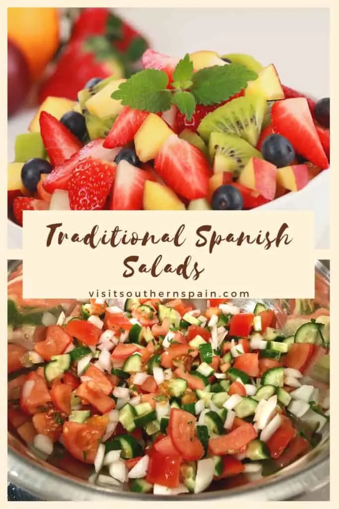 a pin with 2 different traditional Spanish salads.