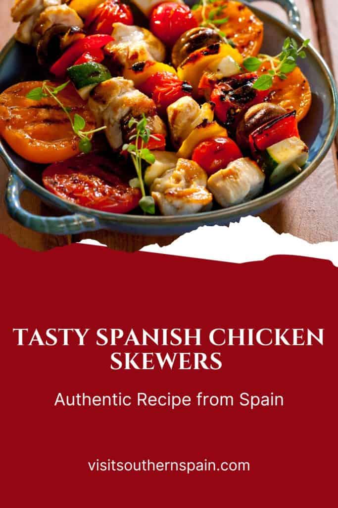 a pin with spanish chicken skewers in a bowl. 