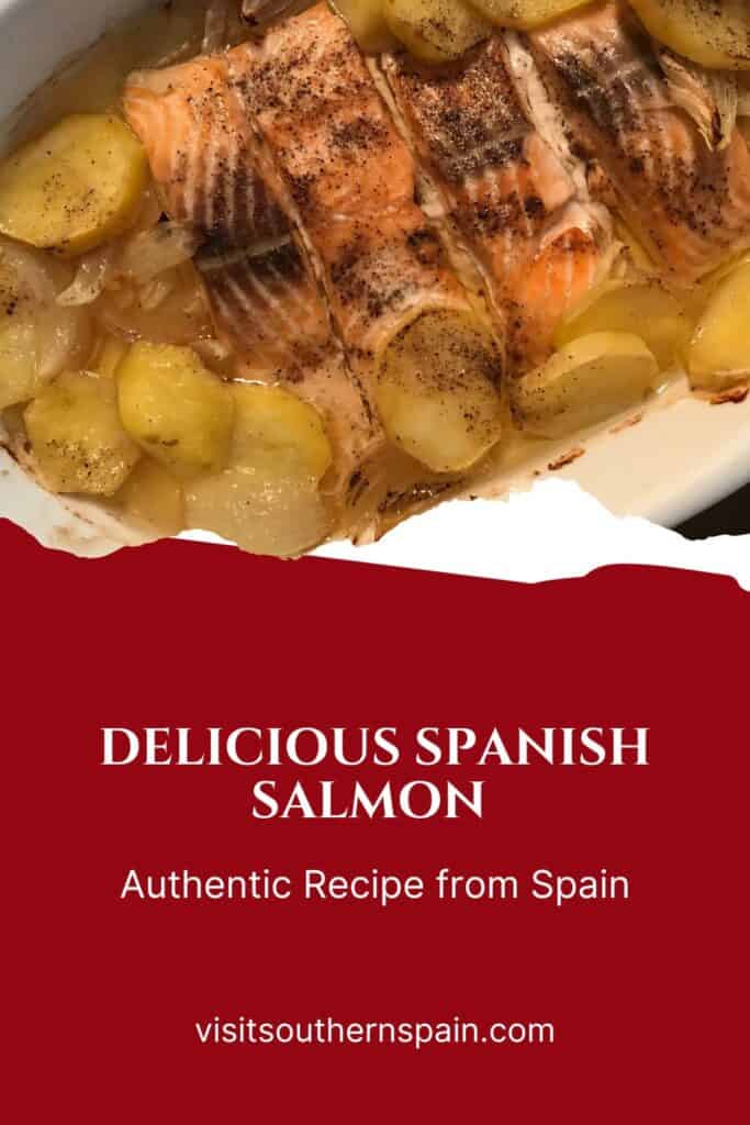 a pin with Spanish salmon recipe on a white plate.