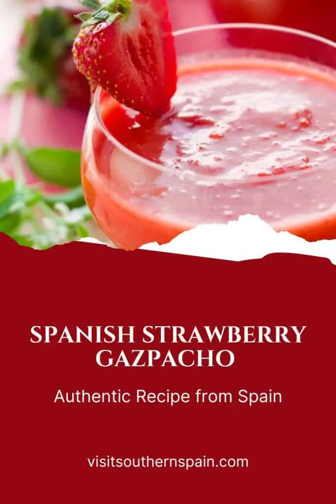 a pin with a closeup of strawberry gazpacho.