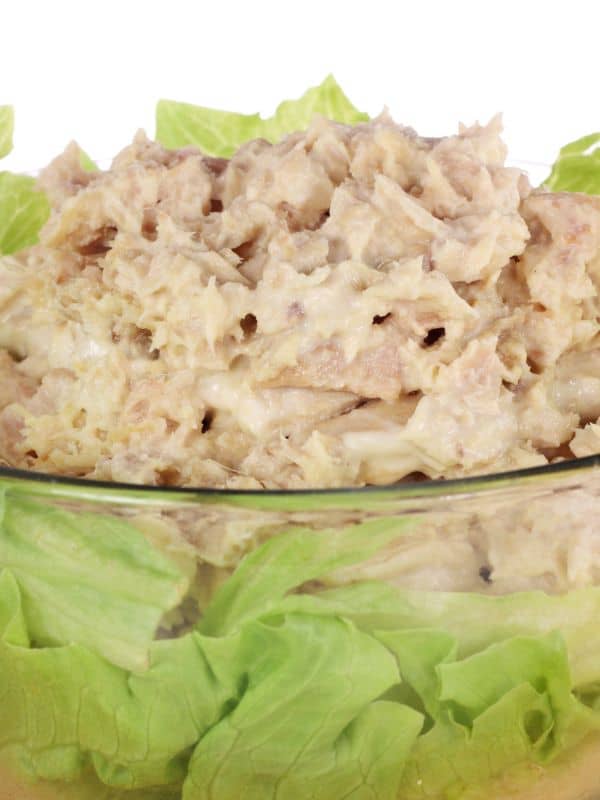 closeup of spanish potato salad with tuna in a glass bowl - Spanish Potato Salad with Tuna Recipe