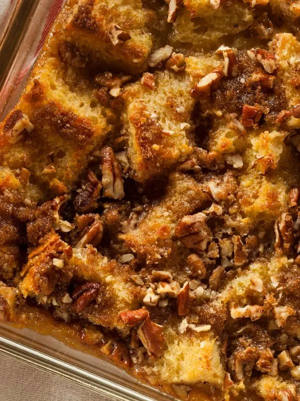 closeup with Spanish bread pudding with walnuts