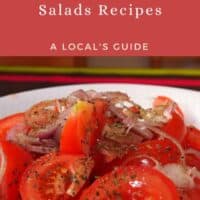a pin with Spanish tomato salad with onion. Traditional Spanish salads.