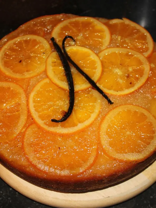 spanish orange cake with vanilla bean on top