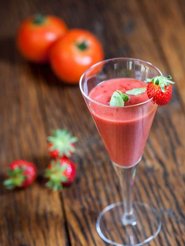 strawberry gazpacho with tomatoes in a glass. Easy Spanish Strawberry Gazpacho Recipe