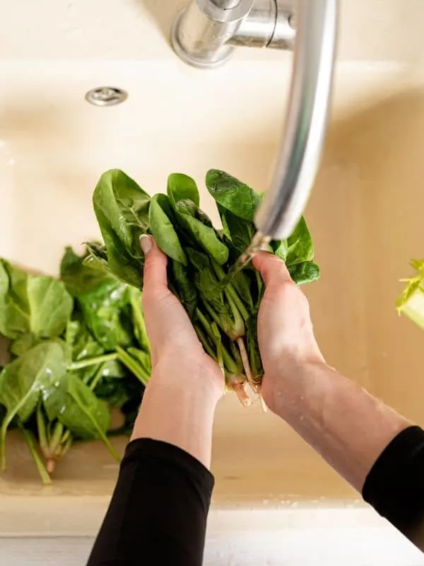 woman washing a handful of spinach for ensalada de espinacas