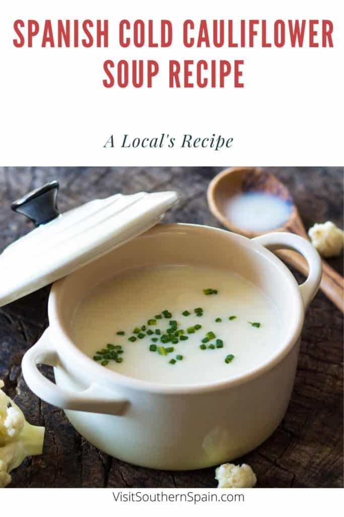 a pin with a bowl of Cold Cauliflower Soup
