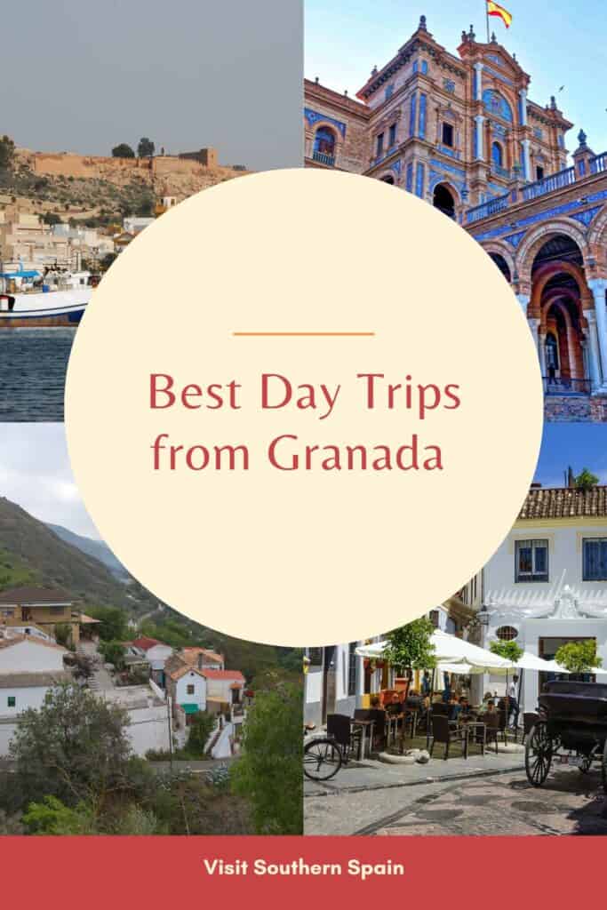 a pin with 4 different places to go on day trips from granada.