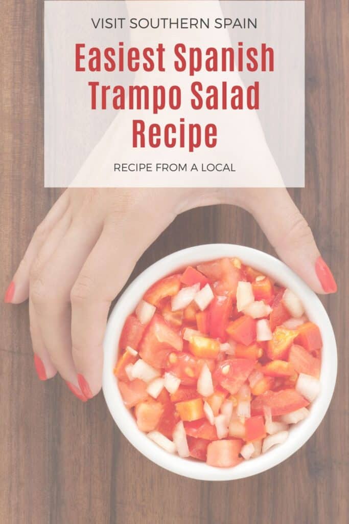 a pin with a hand holding a small bowl of trampo salad. 