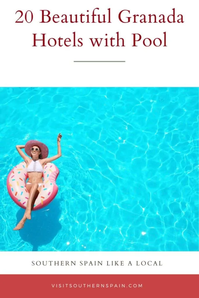 a pin with a woman relaxing in a pool with a water ring at one of the best granada hotels with pool.