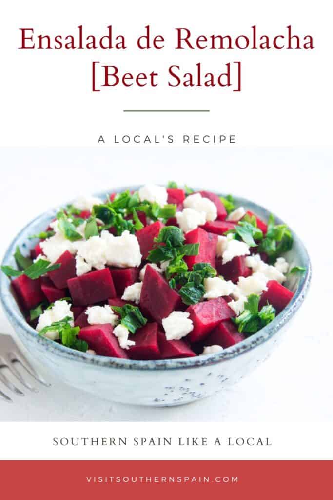 a pin with a bowl of ensalada de remolacha, spanish beet salad with feta, onion and walnuts.
