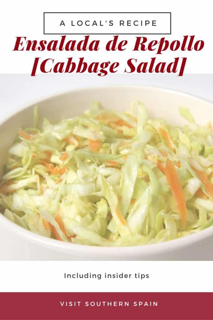 a pin with a bowl of ensalada de repollo, cabbage salad from spain.