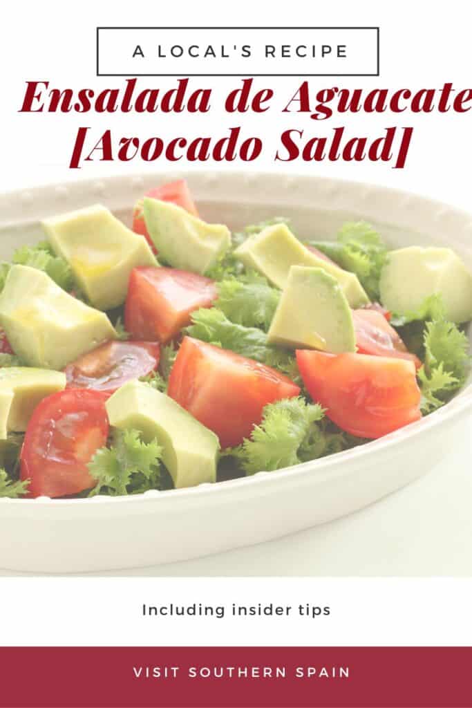 a pin with ensalada de aguacate, spanish avocado salad with tomatoes and onion.