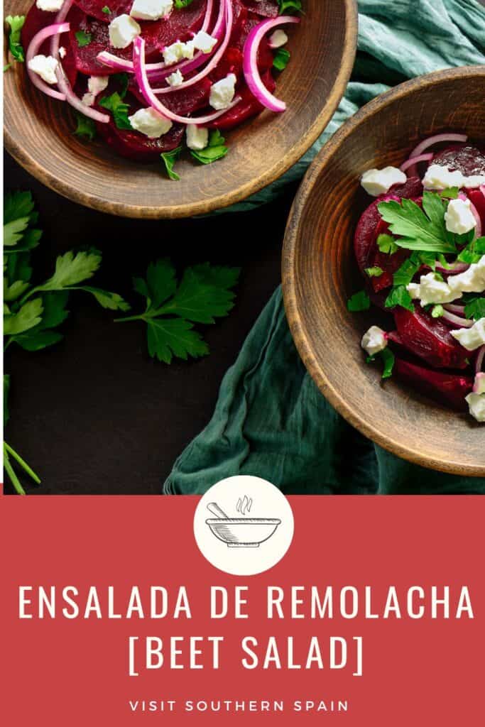 a pin with ensalada de remolacha, spanish beet salad with feta, onion and walnuts. 