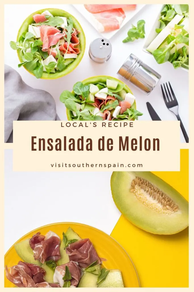 a pin with 2 photos of ensalada de melon with ham and feta. 