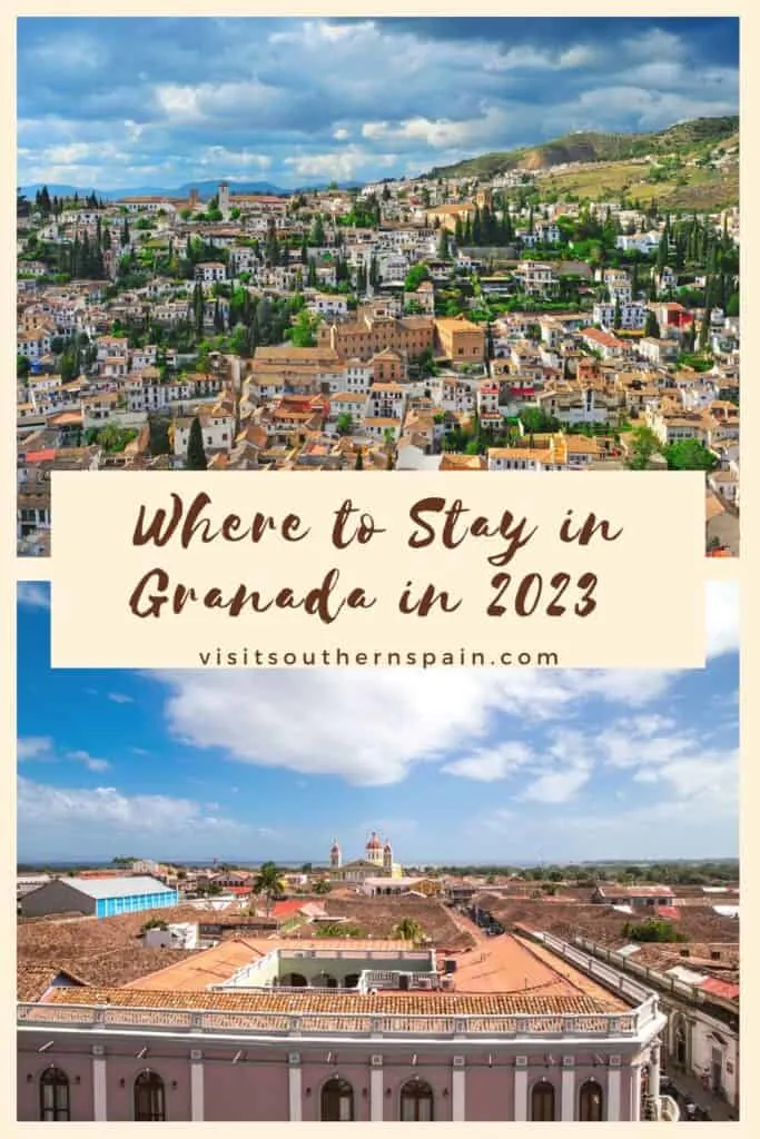 a pin with 2 photos of areas where to stay in Granada.