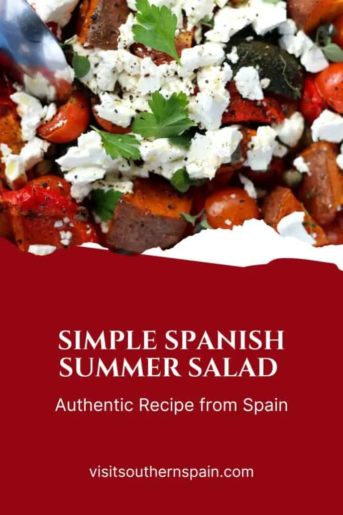 a pin with a closeup of a spanish summer salad with fresh vegetables and feta.