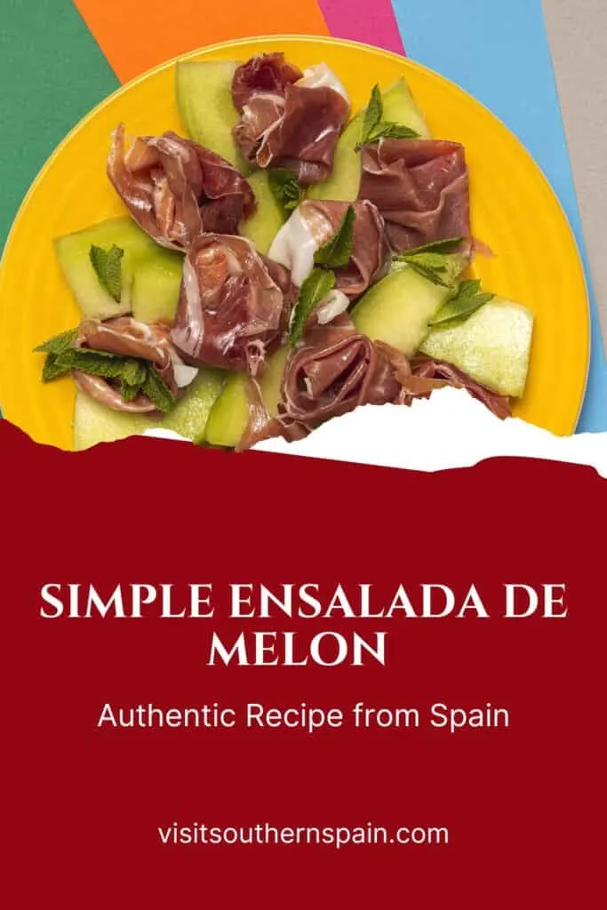 a pin with ensalada de melon with ham on a yellow plate.
