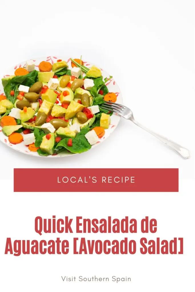 a pin with a bowl of ensalada de aguacate, spanish avocado salad with fresh tomatoes and onion.