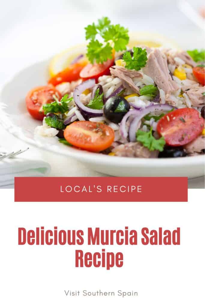 a pin with murcia salad with tuna and tomatoes in a bowl,