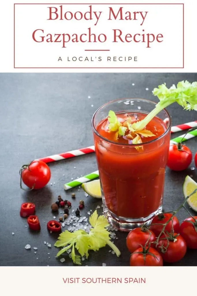 a pin with a glass of bloody mary gazpacho with tomatoes around it.