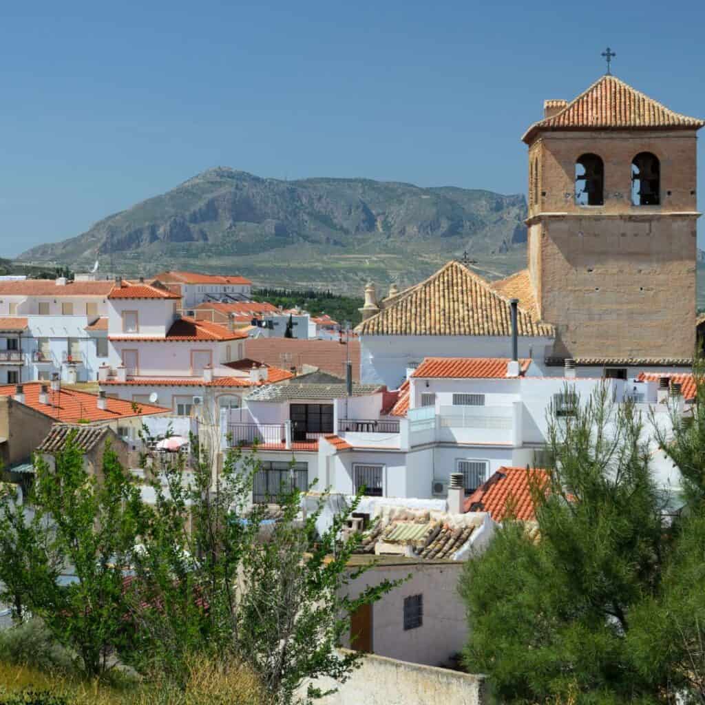 a town with white houses with a church tower with plants on the forefront  and a mountain at the back