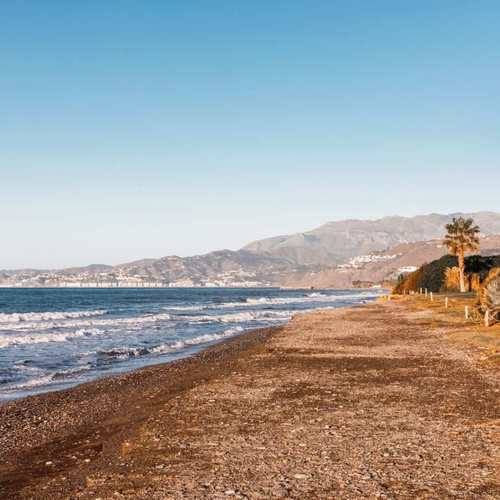 uncrowded brown sand beach in Motril with blue sea, waves, palm trees, and mountains in the background