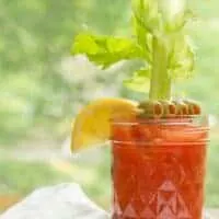 tomato basil gazpacho served in a glass and decorated with lemon slice, olives and green leaf