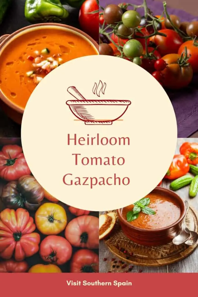 a pin with 4 photos depicting heirloom tomato gazpacho.