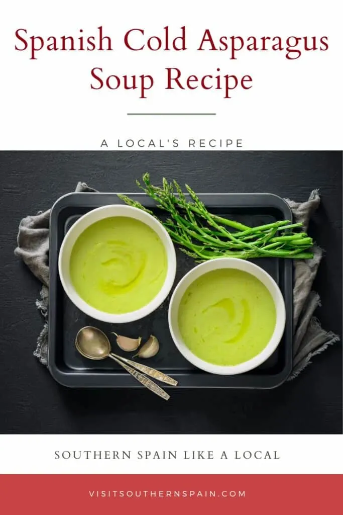 a pin with 2 bowls of cold asparagus soup