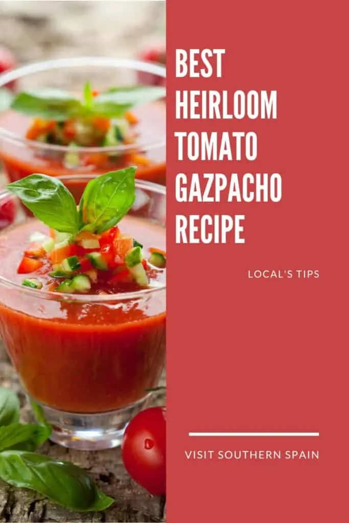 a pin with 2 glasses of heirloom tomato gazpacho. 
