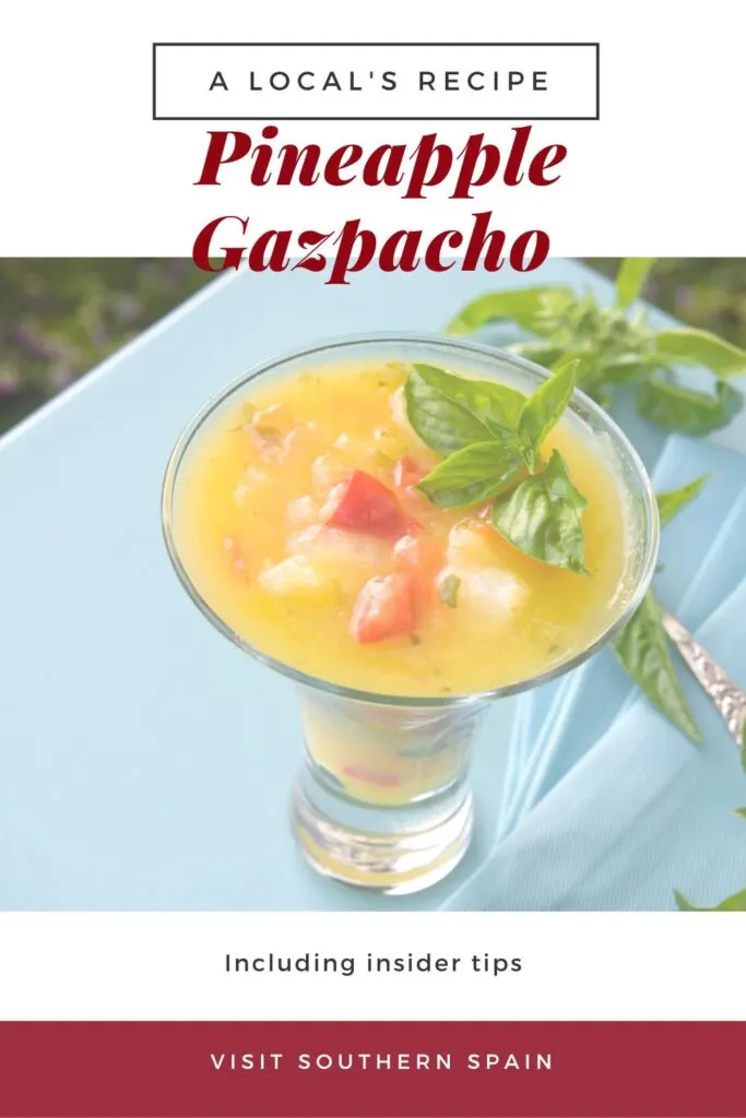 a pin with a small glass of pineapple gazpacho.