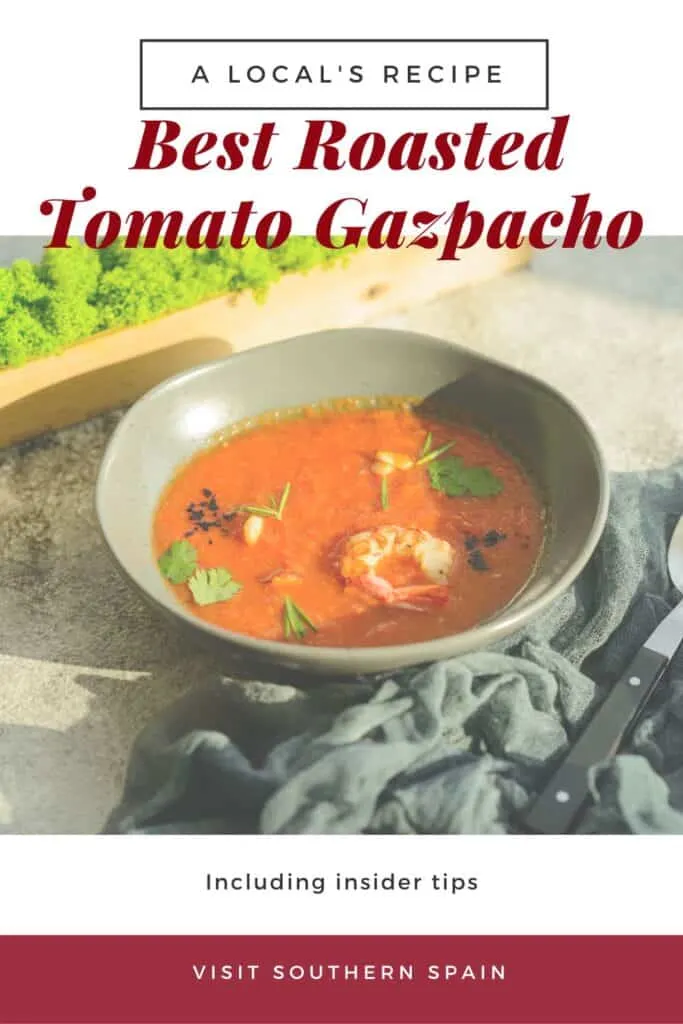 a pin with a bowl of roasted tomato gazpacho with prawns. 