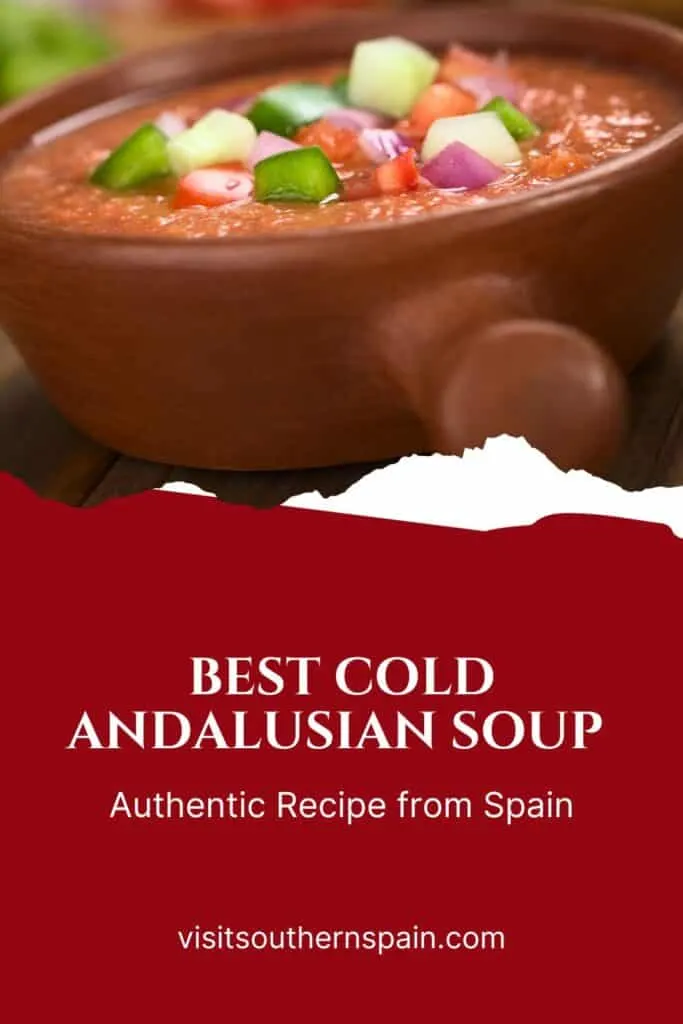 a pin with cold andalusian soup in a clay bowl.