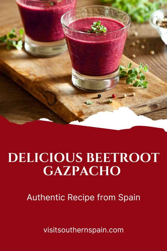 a pin with 2 cups of beetroot gazpacho on a wooden board served as tapas.
