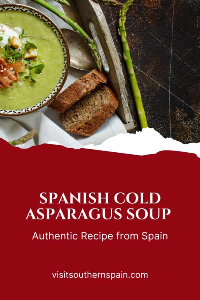 a pin with a bowl of cold asparagus soup served with 2 slices of bread.
