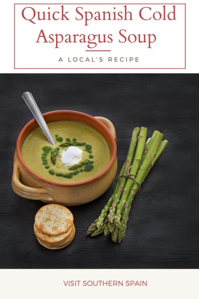 a pin with a clay bowl of cold asparagus soup and asparagus next to it.