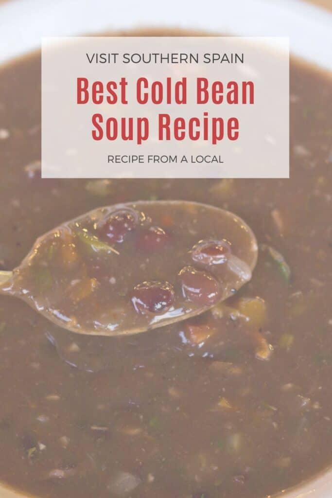a pin with a closeup of a bowl of cold bean soup